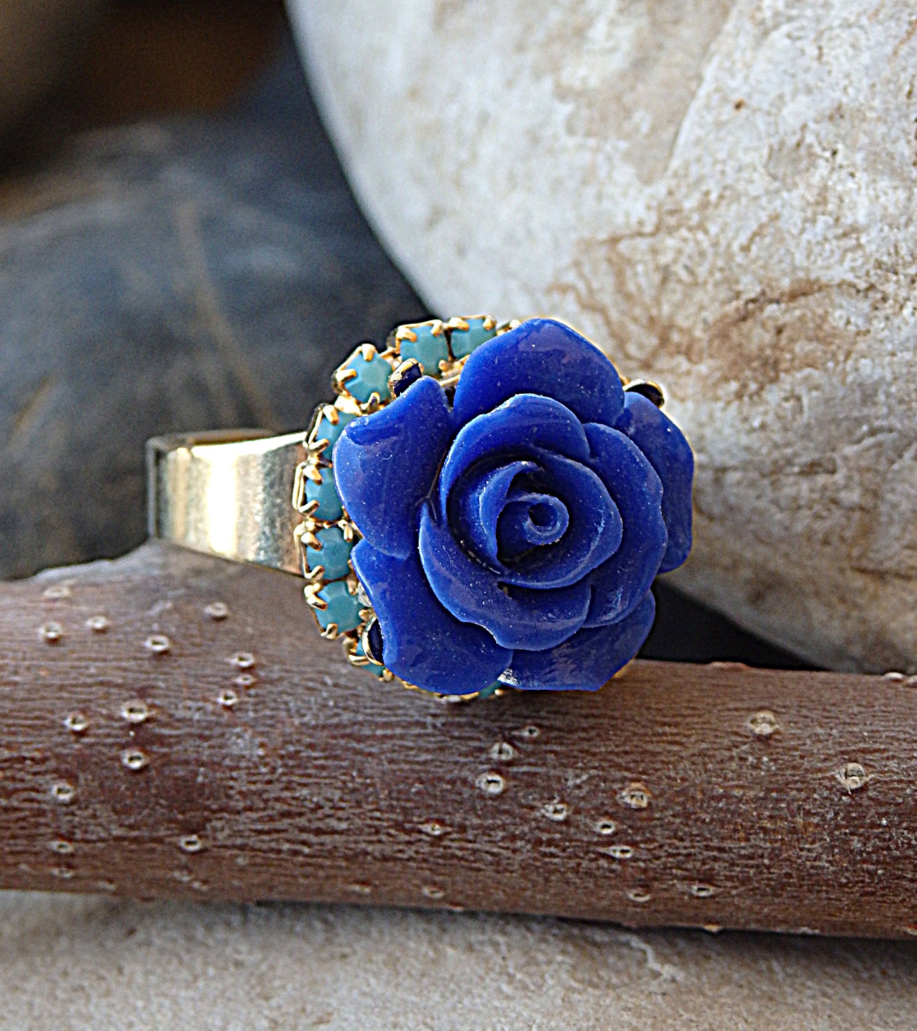 Coral Rose Flower Ring. Cobalt Blue Ring Blue Rose Ring