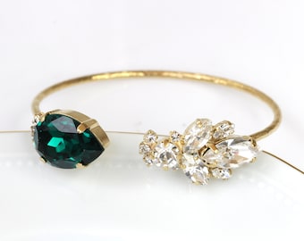GREEN EMERALD BRACELET, Teardrop Wedding Bracelet,Emerald  Crystal Bracelet,Emerald Jewelry Set For Bride,Rose Gold Bridal Bracelet