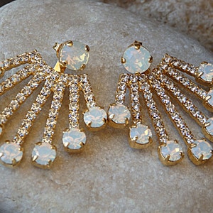 Opal Ear Jackets, Bridal white Pave Earrings, Spike Ear Jacket. Wedding jewelry.  earrings, double sided statement ear cuff jackets