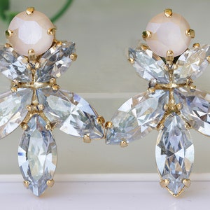 DUSTY BLUE EARRINGS, Ivory Crystal Earrings, Bridal Blue  Earrings, Woman Statement Cluster Earrings, Bridesmaids Big Studs, Xmas