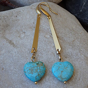 Heart Shaped Turquoise Earrings, Gold Heart Drop Earrings for Bride Bridesmaid Gift, Turquoise Jewelry Gift, Gold Turquoise Dangle Earrings