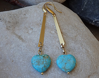 Heart Shaped Turquoise Earrings, Gold Heart Drop Earrings for Bride Bridesmaid Gift, Turquoise Jewelry Gift, Gold Turquoise Dangle Earrings