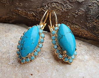 Turquoise gold drop earrings. Gemstone turquoise and  earrings. Natural jewelry. Gold Turquoise Drop Earrings .Holiday gift idea.