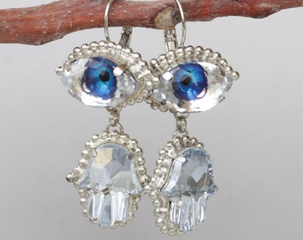 Evil Eye Hamsa Earrings: Crystal Charm, Protection Jewelry