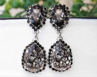 GRAY BLACK EARRINGS, Midnight Chandelier Long Earrings, Black And Gray  Earrings,Classic Jewelry,Woman Long Earrings,Formal Earring