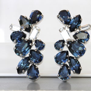 Navy Blue Crystal Cluster Stud Earrings: Bridal Dainty Earrings