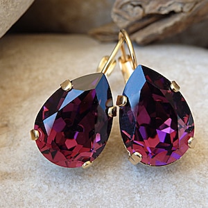 Purple Teardrop Earrings, Purple Drop Earrings, Rhinestone  Earrings, Bridal Earrings, Bridesmaid Earrings, Gold Purple Earrings