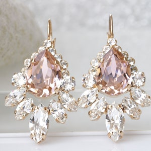 MORGANITE OORBELLEN, Blush kristallen oorbellen, roze bruidsoorbel, cluster grote oorbellen, bruidsoorbellen, vintage bruiloft druppel
