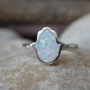 White Fire Opal Hamsa Ring, 925 Sterling Silver Hamsa Ring, Evil Eye Charm Ring, Hamsa Jewelry,Silver Hand Ring, Protection Symbol Ring