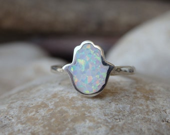 White Fire Opal Hamsa Ring, 925 Sterling Silver Hamsa Ring, Evil Eye Charm Ring, Hamsa Jewelry,Silver Hand Ring, Protection Symbol Ring