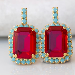 RED TURQUOISE EARRINGS, Red Ruby Crystals Dainty Earrings, Jewelry For Red Evening Dress, Blue And Red Earrings, Small Red Stud Earrings