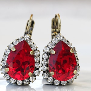 RED RUBY EARRINGS, Red  Earrings, Teardrop Ruby Drop Earrings, Antique Style Red Ruby Crystal Earrings, Bridal Red Custom Jewelry