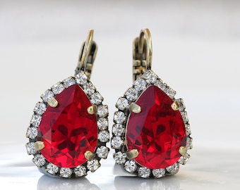 RED RUBY EARRINGS, Red  Earrings, Teardrop Ruby Drop Earrings, Antique Style Red Ruby Crystal Earrings, Bridal Red Custom Jewelry