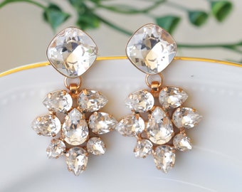 CRYSTAL BRIDESMAID EARRINGS, Art Deco Earrings,  Bridal Earrings, Rose Gold Wedding Jewelry, Crystal Cluster Studs, Gift For Her