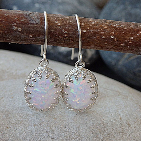 Bridal Opal Silver Earrings for Bride Earrings, Oval White Opal Earrings, October Birthstone, Drop 925 Silver Earrings, Fire Opal jewelry