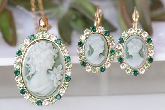 CAMEO JEWELRY SET Green Emerald Cameo Set Earring Necklace Set