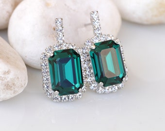 EMERALD EARRINGS, Bridal Stud Earrings, Dark Green Earrings, Bridal Shower Evening Classic Earrings, Bridesmaid Earrings,Emerald And Crystal