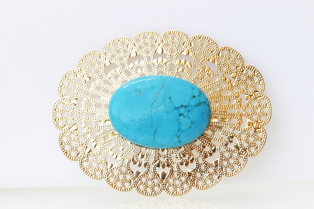 TURQUOISE GOLD BROOCH, Elegant Brooch, Lace Brooch, Large Oval Brooch, Genuine Blue Turquoise