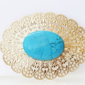 TURQUOISE GOLD BROOCH, Elegant Brooch, Lace Brooch, Large Oval Brooch, Genuine Blue Turquoise Stone Brooch, Safety Pin Brooch, Coat Brooch