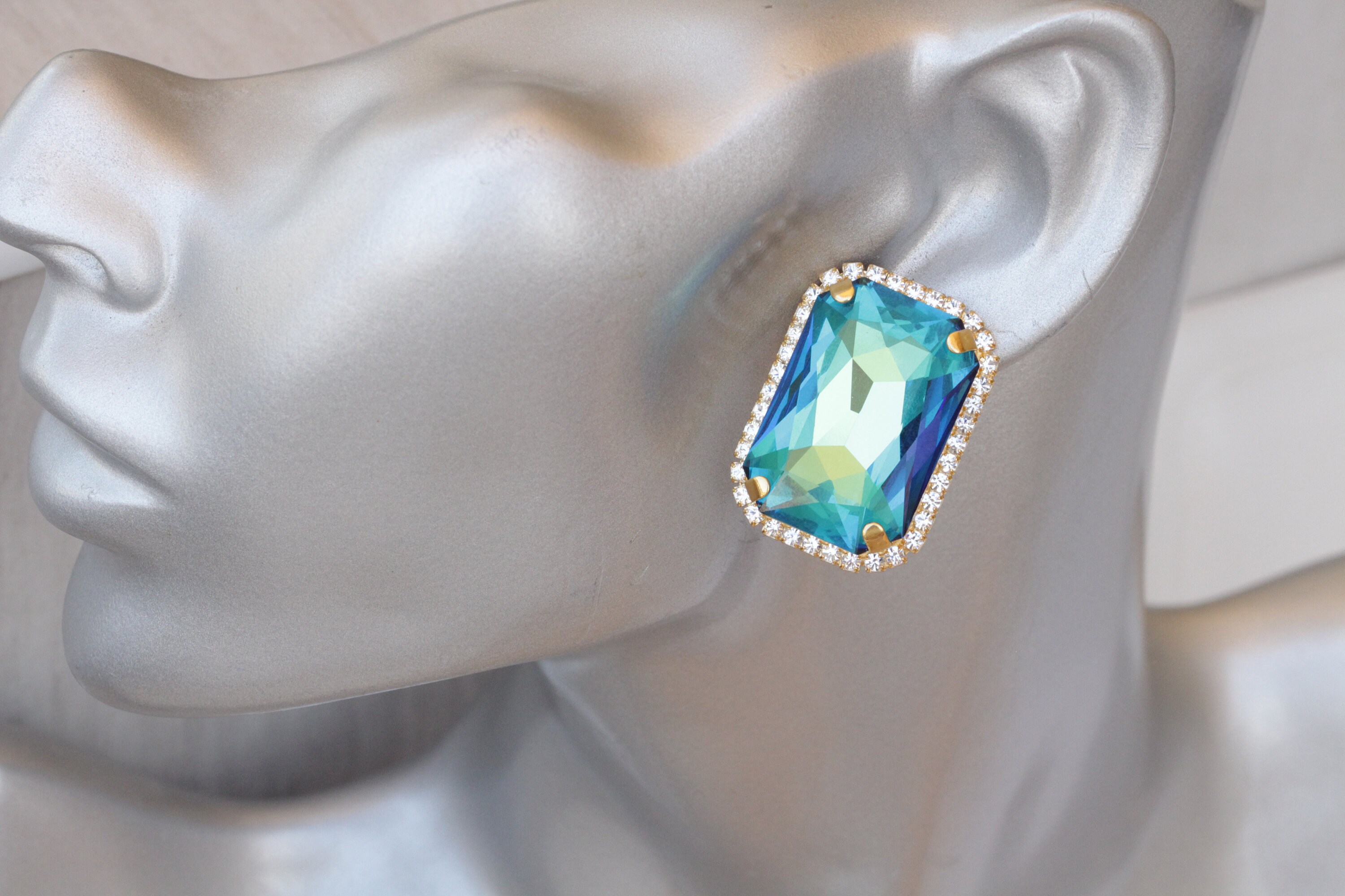 ROYAL BLUE EARRINGS, Huge Stud Earrings, Sapphire Crystal
