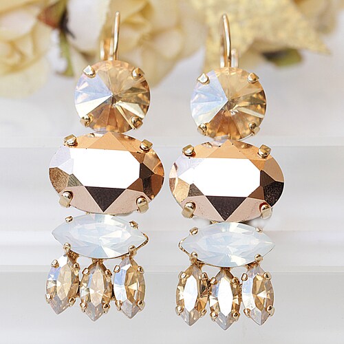 ROSE GOLD EARRINGS, Bridal Drop Earrings, Rose shops Gold Champagne Earrings, Opal Earrings, Champagne Moonstone Earrings, Halo Earrings