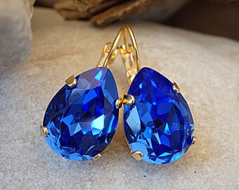 Blue Crystal Teardrop Earrings, Rhinestone Bridal Jewelry