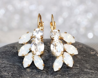 Handmade Opal Crystal Drop Earrings, Gold Wedding Jewelry