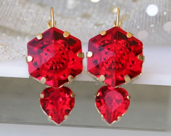 Ruby Red Crystal Heart Earrings, Valentine's Day Gift, Statement Jewelry