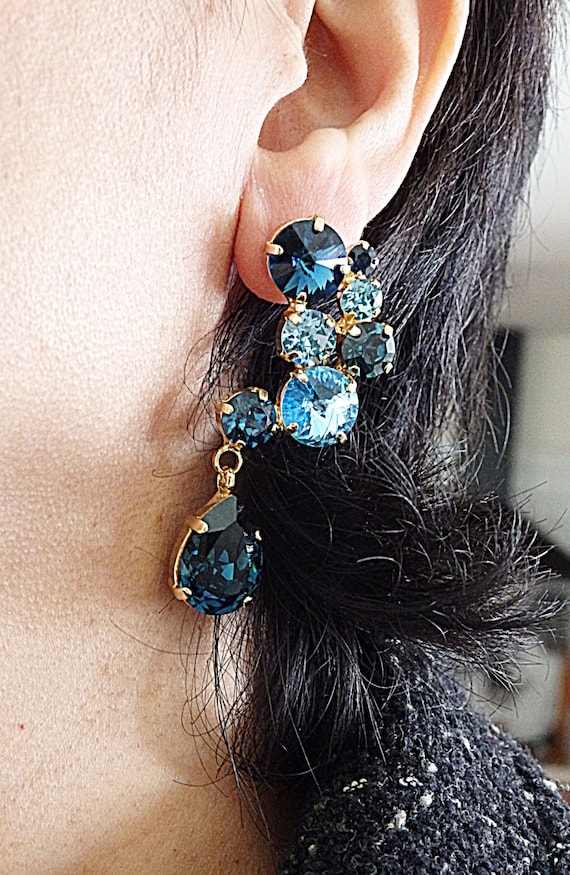 Wedding Bridal Earrings -LARGE Halo Dark Sapphire Blue Peardrop Cubic  Zirconia, Round CZ Drop, Sapphire Blue Peardrop CZ Post Earring | Bridal  earrings, Sapphire earrings, Wedding jewelry