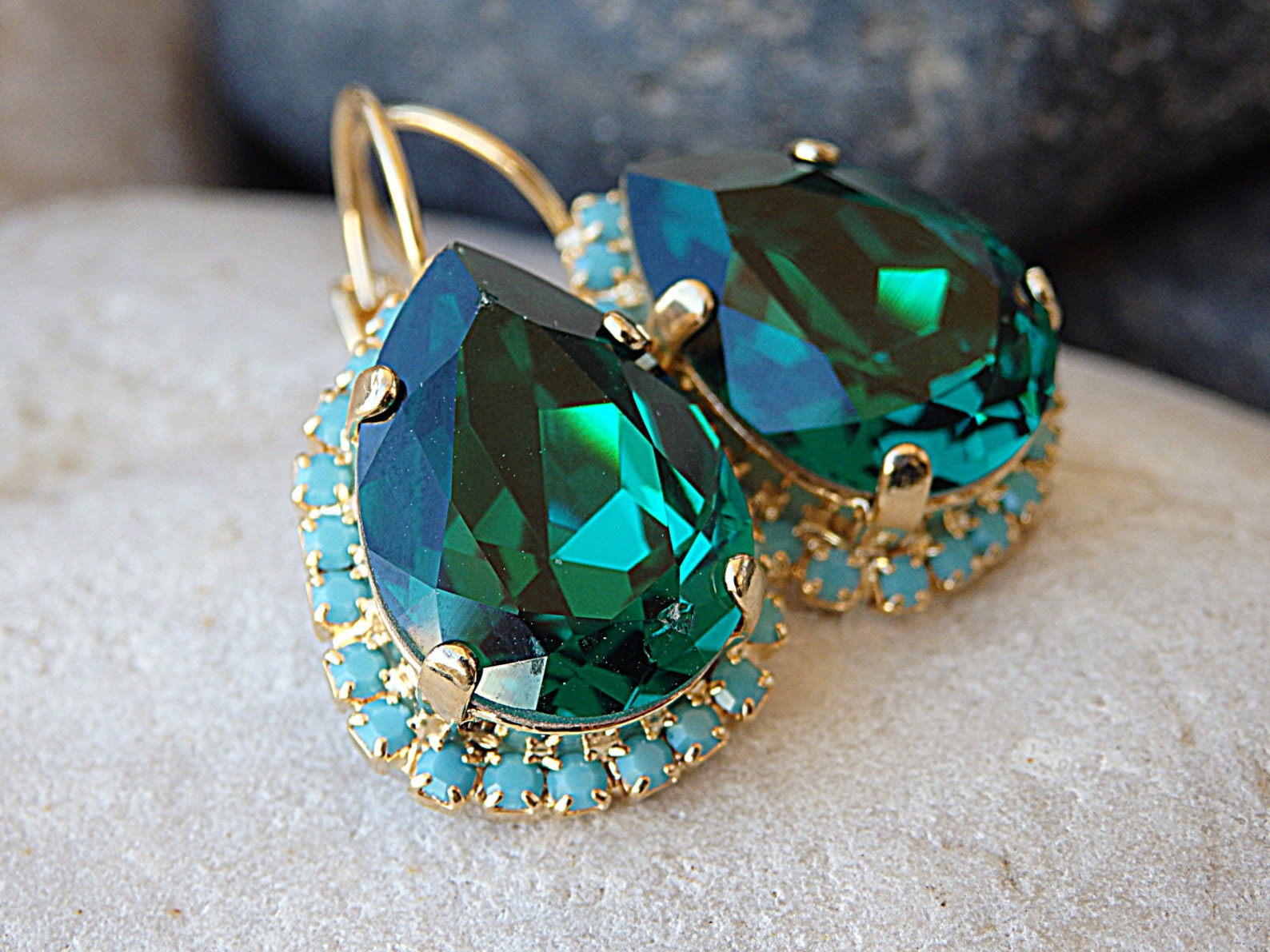 Emerald turquoise crystal swarovski earrings for wife. Green Etsy