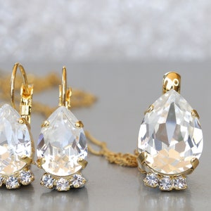 Jewelry Set, Teardrop Pendant, Wedding White Crystal Jewelry, Bridal Unique Earrings And Necklace Set, Clear Crystal Jewelry Set,