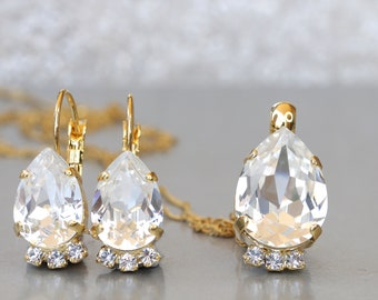 Teardrop Crystal Jewelry Set,  Clear Crystal, Bridal Necklace and Earrings