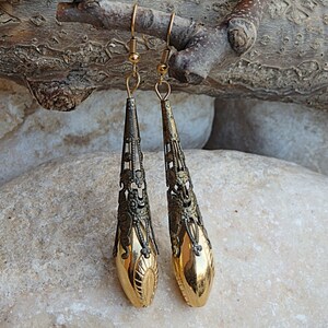 Vintage style jewelry. Drop dangle earrings. Ornament filigree earrings. Unique antique style earrings. Beaded dangle earrings. Brass earr