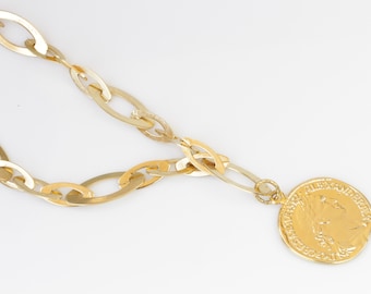 Gold Plated Coin Pendant Necklace, Chunky Chain Medallion