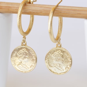 GOLD COIN EARRINGS, Coin Hoop Earrings,  Coin Jewelry,Dangle Coin Statement Earrings, Antique Coin Earrings for Women gift, Silver or Gold