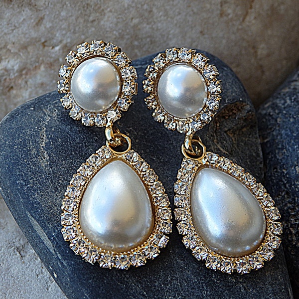 Bridal Teardrop Pearl Earrings, Crystals, Wedding Jewelry