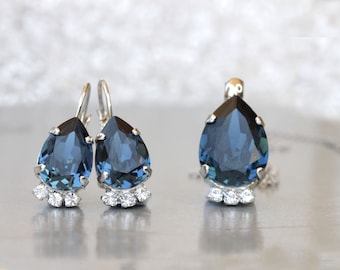 Marineblauwe kristallen druppelvormige sieradenset, bruidsoorbellen en ketting