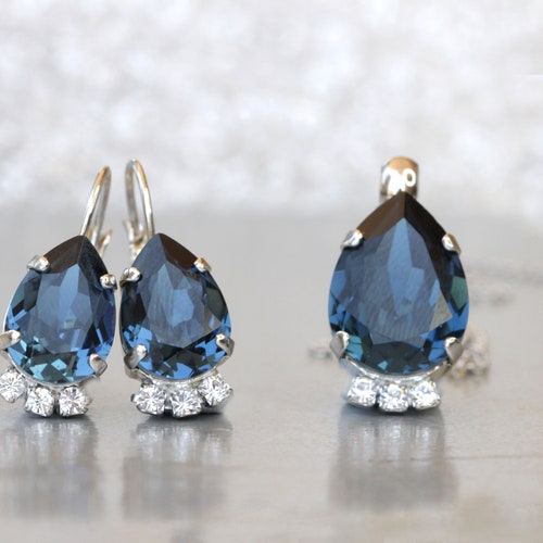 Navy Blue Earrings and Necklace Set Cubic Zirconia Wedding Etsy