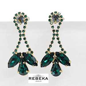 Gold Emerald Cluster Earrings, Rhinestone  Earrings, Green Crystal Earrings, Long Emerald Dangle Earrings, Gemstone Post Earrings