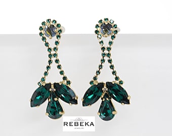 Emerald Green Crystal Dangle Earrings, Rhinestone Gemstone Post