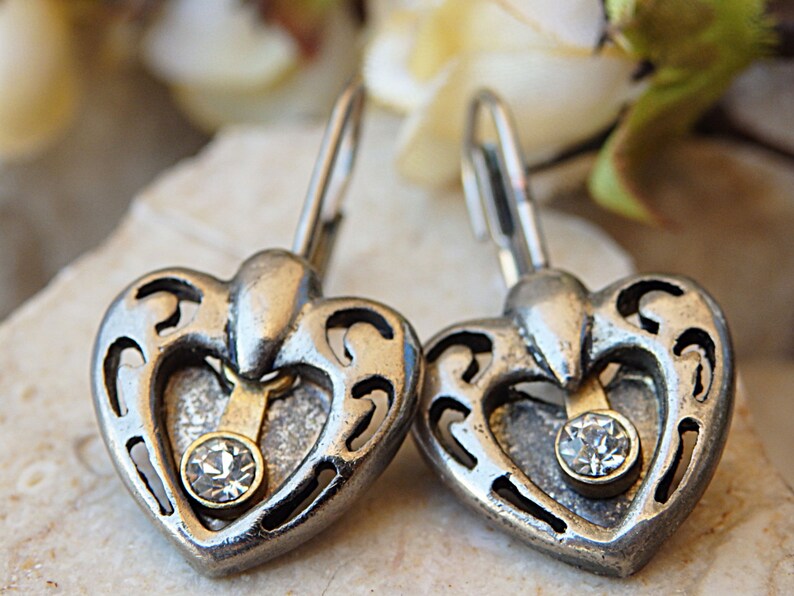 Romantic jewelry Bohemian crystal earrings Antique silver and brass earrings eternity earrings Valentine earrings Silver heart earrings