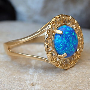 Solitaire opal ring. Turquoise opal ring, Blue opal ring, Fire opal ring, Round gemstone ring, October birthstone ring, Gold filled ring image 4