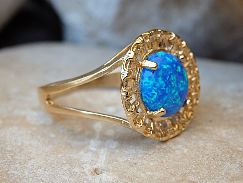 Solitaire opal ring. Turquoise opal ring, Blue opal ring, Fire opal ring, Round gemstone ring, October birthstone ring, Gold filled ring image 4