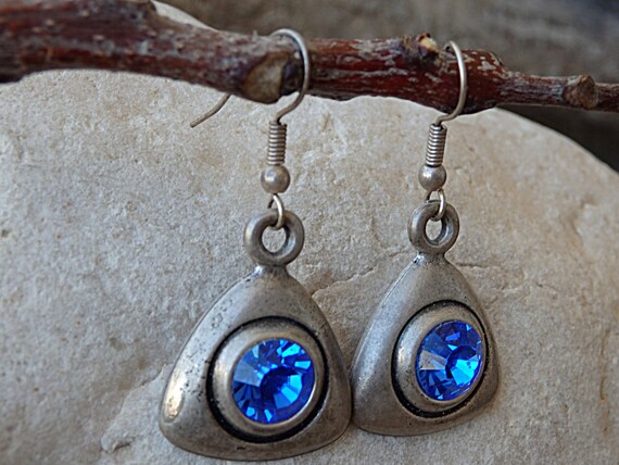 Royal Blue Triangular Earrings, Boho Gemstone Ear… - image 3