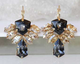 GRAY GOLD EARRINGS,  Dark Gray Earrings, Charcoal Gold Earrings, Bridesmaids Vintage Earring, Gray Champagne Earrings, jewelry For Party