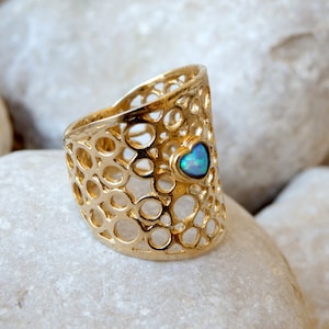 Extra Wide Gold Ring, Opal Heart Ring, Mesh Band Ring, Net Ring, Holey Band, Blue Heart Ring, Mother Daughter Ring, Sisters Jewelry Gift