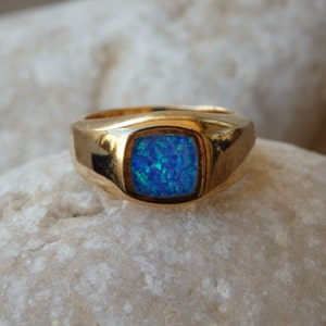 Opal Gold Signet Ring, Fire Opal Signet Ring, Blue Signet Ring, Square Opal Ring, Square Goldfilled Ring, Men Women Unisex Gold Signet Ring image 6