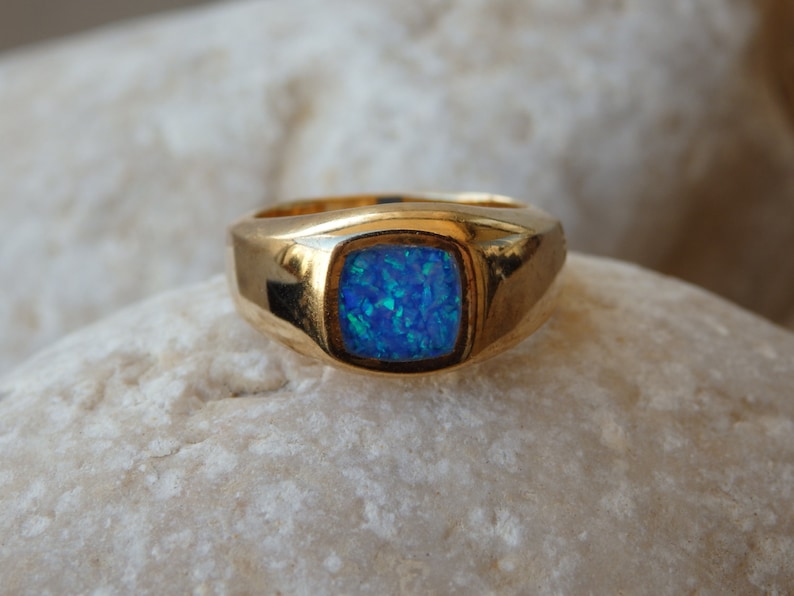 Opal Gold Signet Ring, Fire Opal Signet Ring, Blue Signet Ring, Square Opal Ring, Square Goldfilled Ring, Men Women Unisex Gold Signet Ring image 6