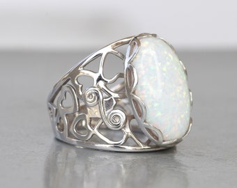 Filigree Sterling Silver White Opal Ring, October Birthstone
