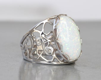 SILVER Opal Ring, White Fire Opal Ring, Opal Oval Ring, October Birthstone Ring, White Opal Ring, Women;s Opal Ring, Filigree Opal Ring Gift